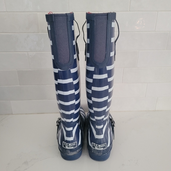 LL Bean Tall Wellie Knee-High Rubber Rain Boot Blue White Stripe Waterproof 8 - Picture 5 of 8